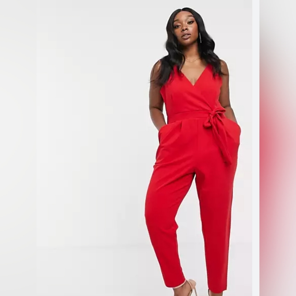 Red Faux Wrap Jump Suit